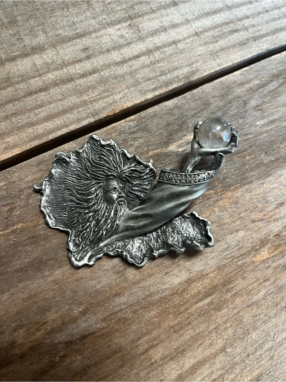 Vintage Silver Wizard Brooch with Crystal Orb